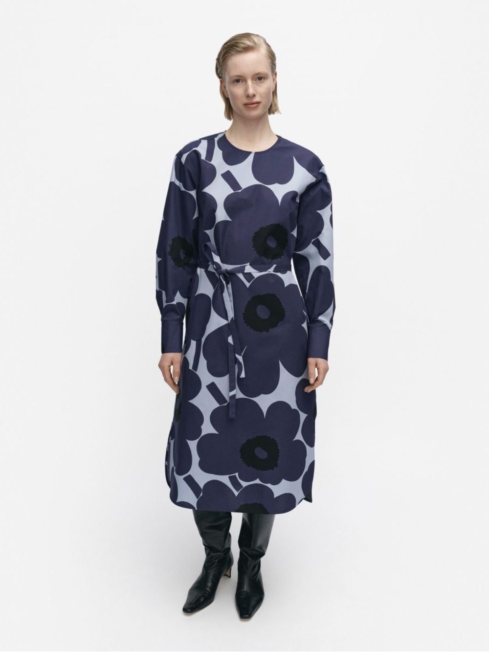 Marimekko Navy and Light Blue Oversized Floral Long Sleeve Dress